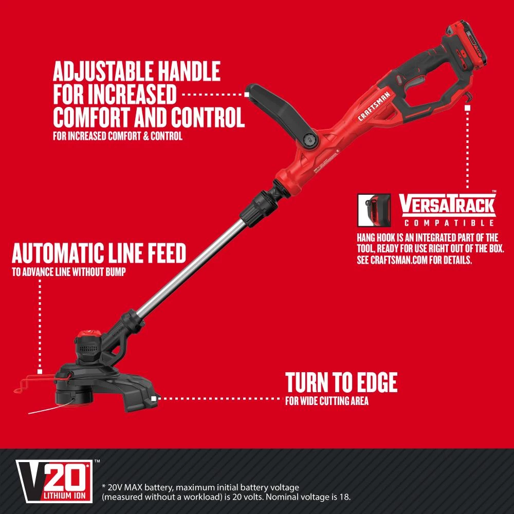 CRAFTSMAN Trimmers & Edgers WEEDWACKER V20 20-Volt Max 13-in Straight Cordless String Trimmer with Edger Capable (Battery Included) 3 CRAFTSMAN Trimmers & Edgers WEEDWACKER V20 20-Volt Max 13-in Straight Cordless String Trimmer with Edger Capable (Battery Included) - Image 3