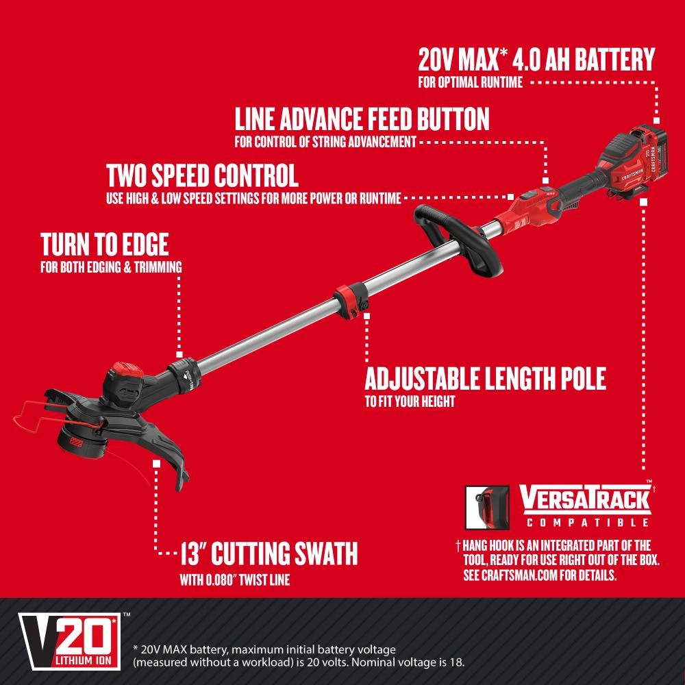 CRAFTSMAN Trimmers & Edgers WEEDWACKER V20 20-Volt Max 13-in Straight Cordless String Trimmer with Edger Capable (Battery Included) 3 CRAFTSMAN Trimmers & Edgers WEEDWACKER V20 20-Volt Max 13-in Straight Cordless String Trimmer with Edger Capable (Battery Included) - Image 3