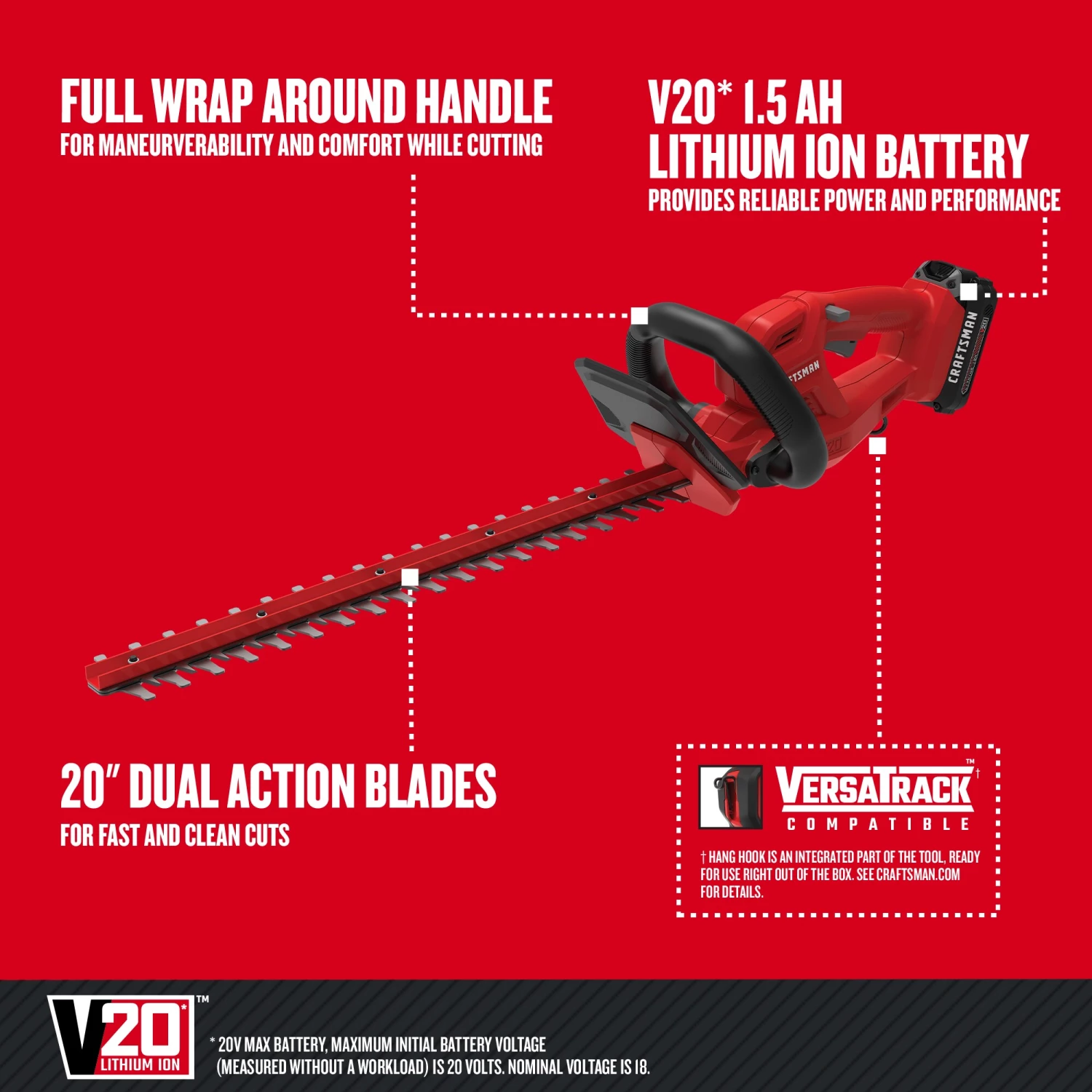 CRAFTSMAN Trimmers & Edgers 20-Volt Max 20-in Dual Cordless Electric Hedge Trimmer 1.5 Ah (Battery & Charger Included) 3 CRAFTSMAN Trimmers & Edgers 20-Volt Max 20-in Dual Cordless Electric Hedge Trimmer 1.5 Ah (Battery & Charger Included) - Image 3